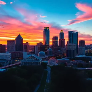 Vibrant digital marketing graphics with Austin skyline backdrop.