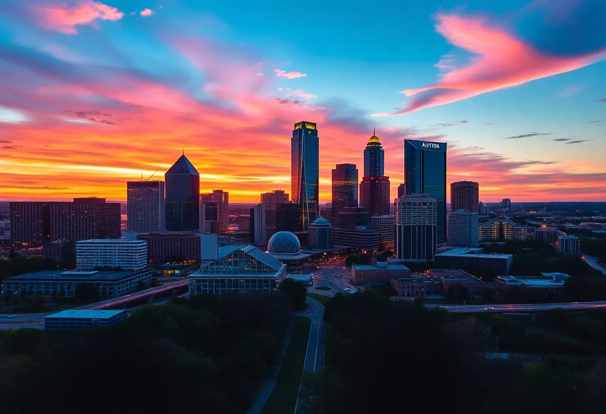 Vibrant digital marketing graphics with Austin skyline backdrop.