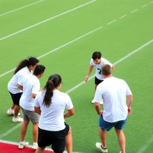 Dynamic team strategy session on a sports field.