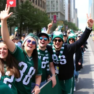 Eagles fans celebrating in vibrant, citywide parade atmosphere.