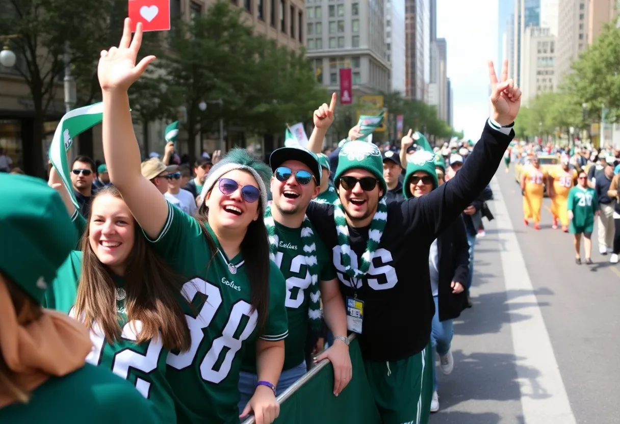 Eagles fans celebrating in vibrant, citywide parade atmosphere.