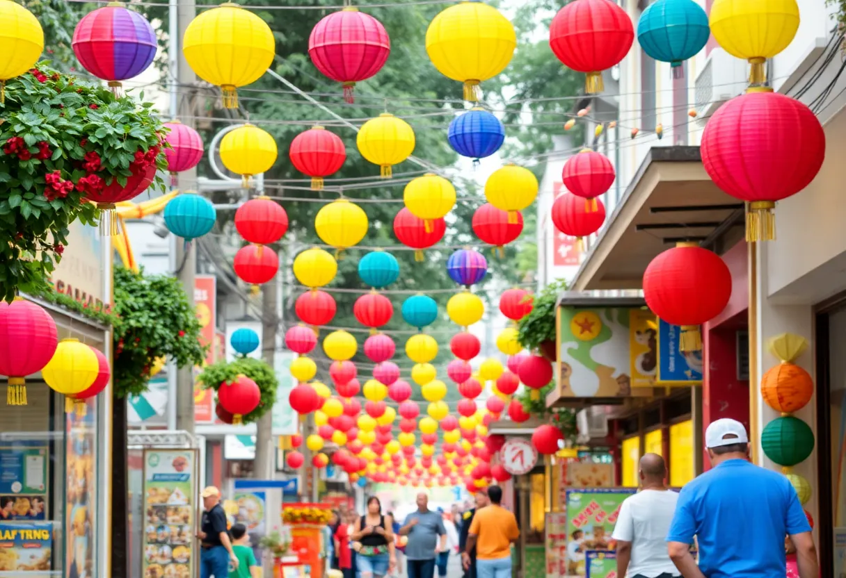 Colorful street festival with decorations and festive atmosphere.