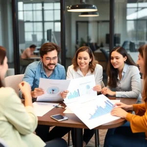 Dynamic team brainstorming marketing strategies in a modern office.