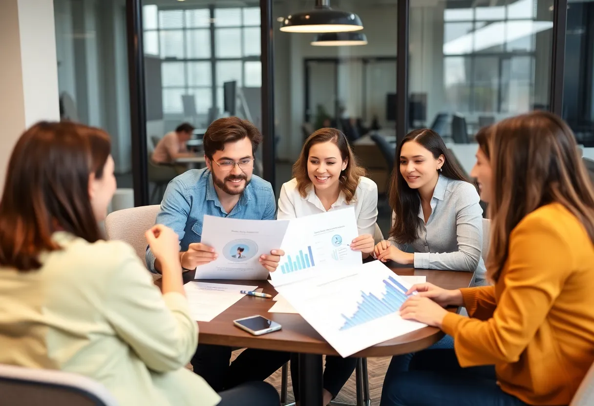 Dynamic team brainstorming marketing strategies in a modern office.