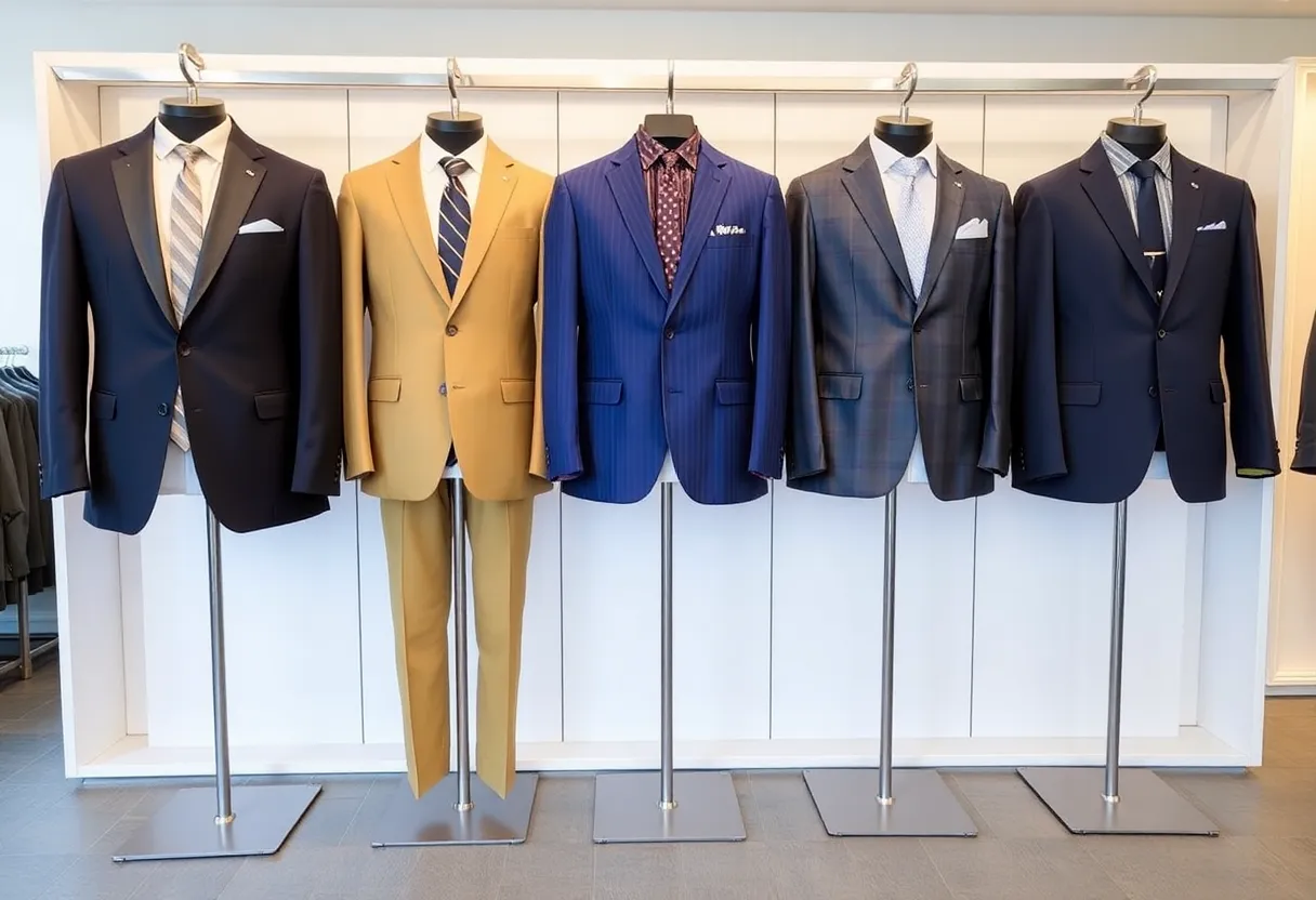 Modern tailored suits displayed in a vibrant retail setting.