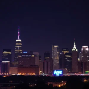 Dynamic city skyline illuminated with sports icons and excitement.