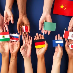 Colorful hands holding diverse cultural symbols and flags.