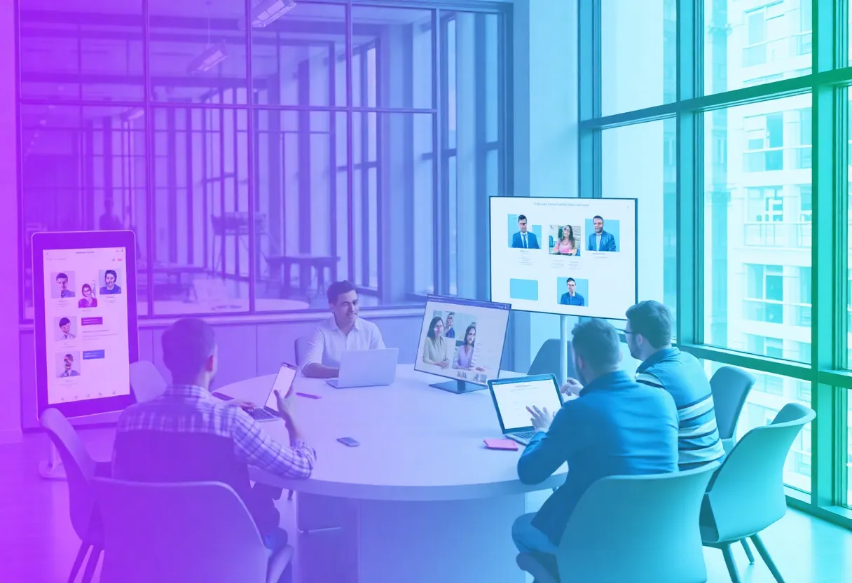 Modern digital workspace with diverse devices and group discussions.