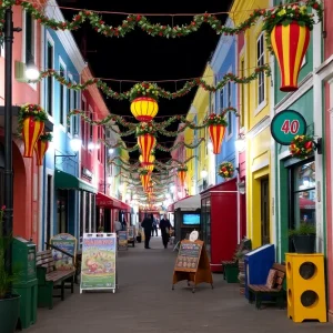 Colorful street scene with festive decorations and game-themed decor.