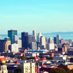 Skyline of San Francisco with digital marketing graphics overlay.