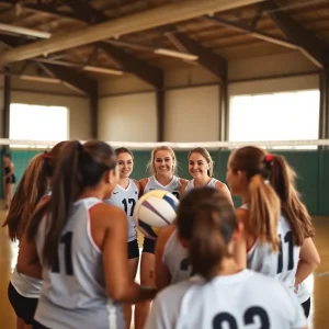 Volleyball team huddled together, discussing future strategies.