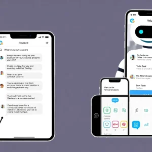 Chatbot interface on multiple digital devices with marketing icons.