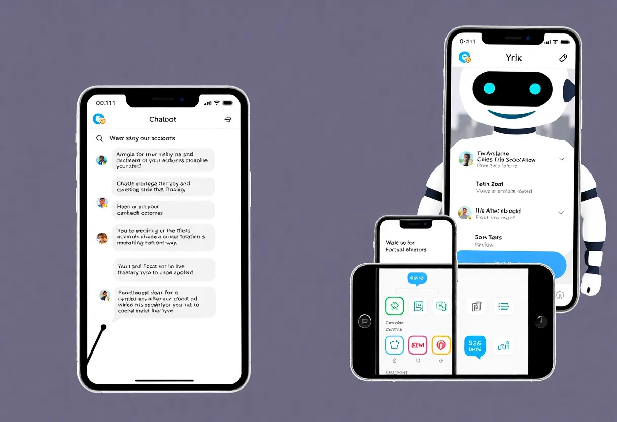 Chatbot interface on multiple digital devices with marketing icons.