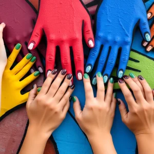 Colorful hands creating a mural for community engagement.