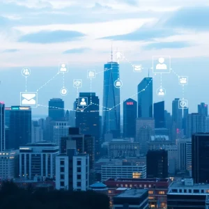 Modern skyline with digital marketing icons overlay.