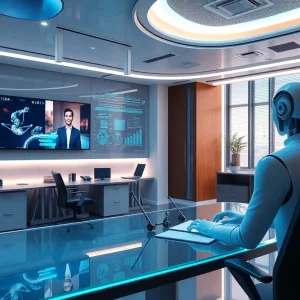 Futuristic law office with AI technology and video screens.