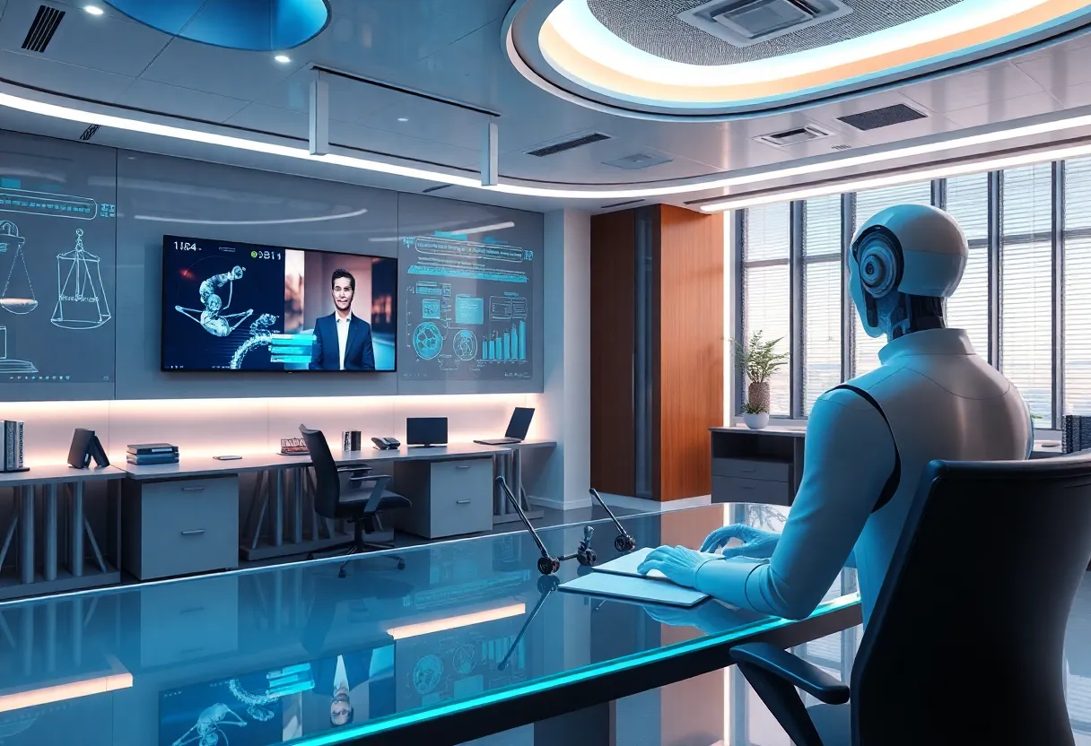 Futuristic law office with AI technology and video screens.