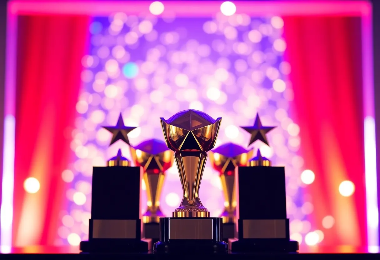 Award trophies with bright, celebratory backdrop.