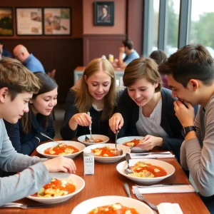 Students collaborating over Italian dishes at a restaurant table.