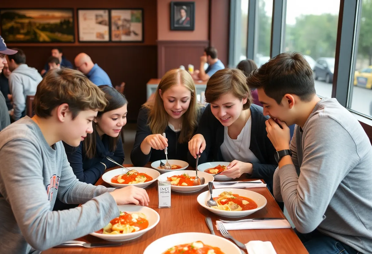 Students collaborating over Italian dishes at a restaurant table.