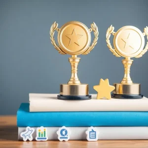 Award trophies atop educational books with digital marketing symbols.