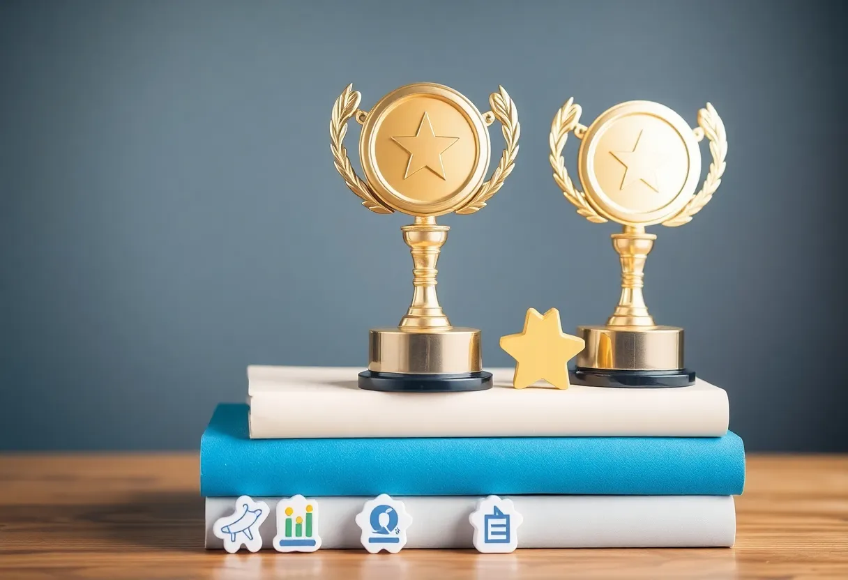 Award trophies atop educational books with digital marketing symbols.