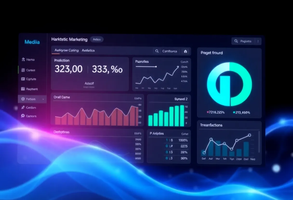 Futuristic healthcare marketing dashboard with digital analytics.