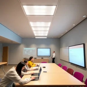 Modern classroom with advanced technology and collaborative learning.