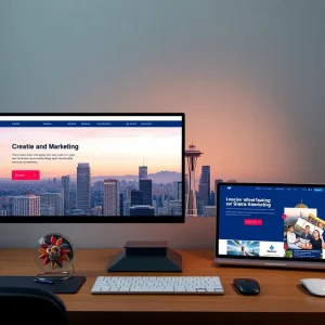 Creative marketing templates on a desk with Seattle skyline.