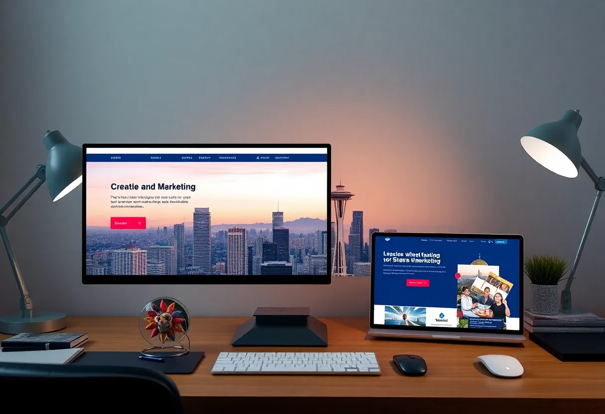 Creative marketing templates on a desk with Seattle skyline.