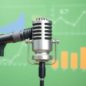 Podcast microphone connected to digital marketing graphs and charts.