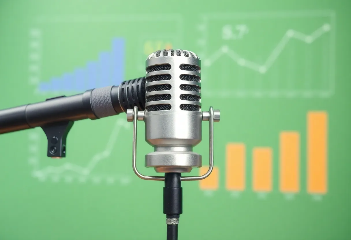 Podcast microphone connected to digital marketing graphs and charts.