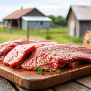 Fresh beef on rustic wooden table with farm backdrop.