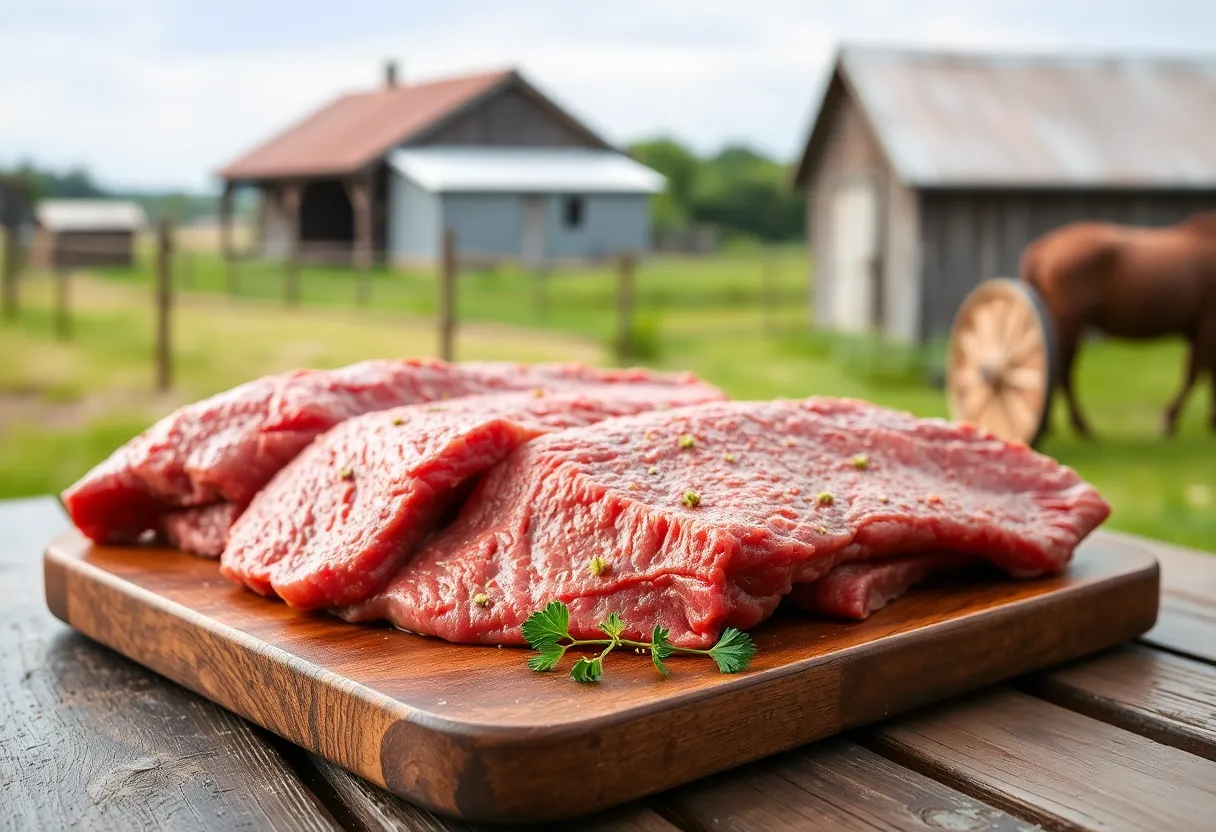 Fresh beef on rustic wooden table with farm backdrop.