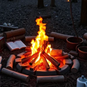 A cozy campfire with open storytelling materials surrounding it.