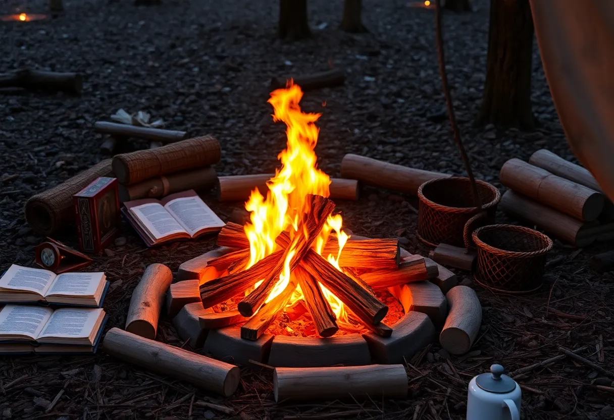 A cozy campfire with open storytelling materials surrounding it.