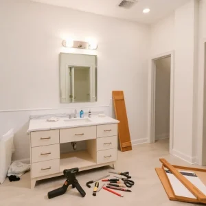 Tools and materials for bathroom vanity installation laid out in a remodeled bathroom.