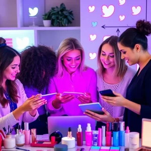 Beauty marketers working together with digital tools and beauty products.