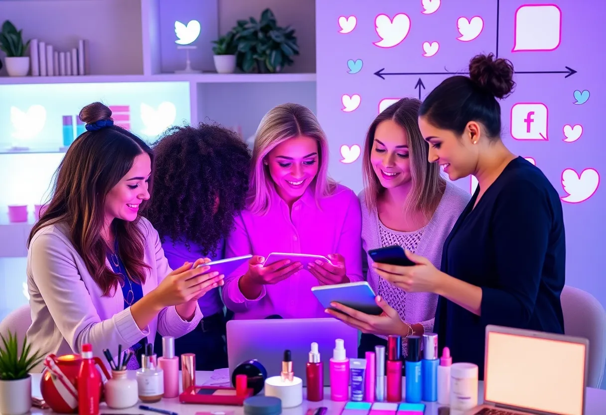 Beauty marketers working together with digital tools and beauty products.