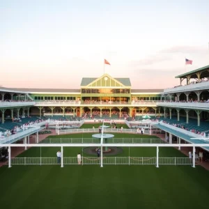 Decorative paddock area at Churchill Downs, showcasing new seating and design elements in preparation for the Kentucky Derby.