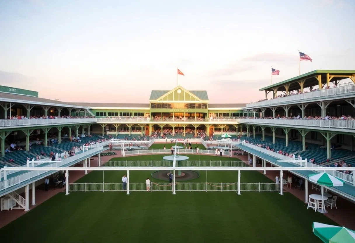 Decorative paddock area at Churchill Downs, showcasing new seating and design elements in preparation for the Kentucky Derby.