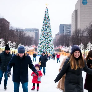 People ice skating at Campus Martius Park in Detroit with holiday decorations and a Christmas tree.