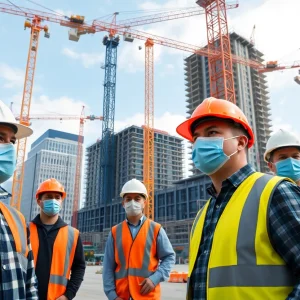 Workers at a Detroit construction site wearing safety gear