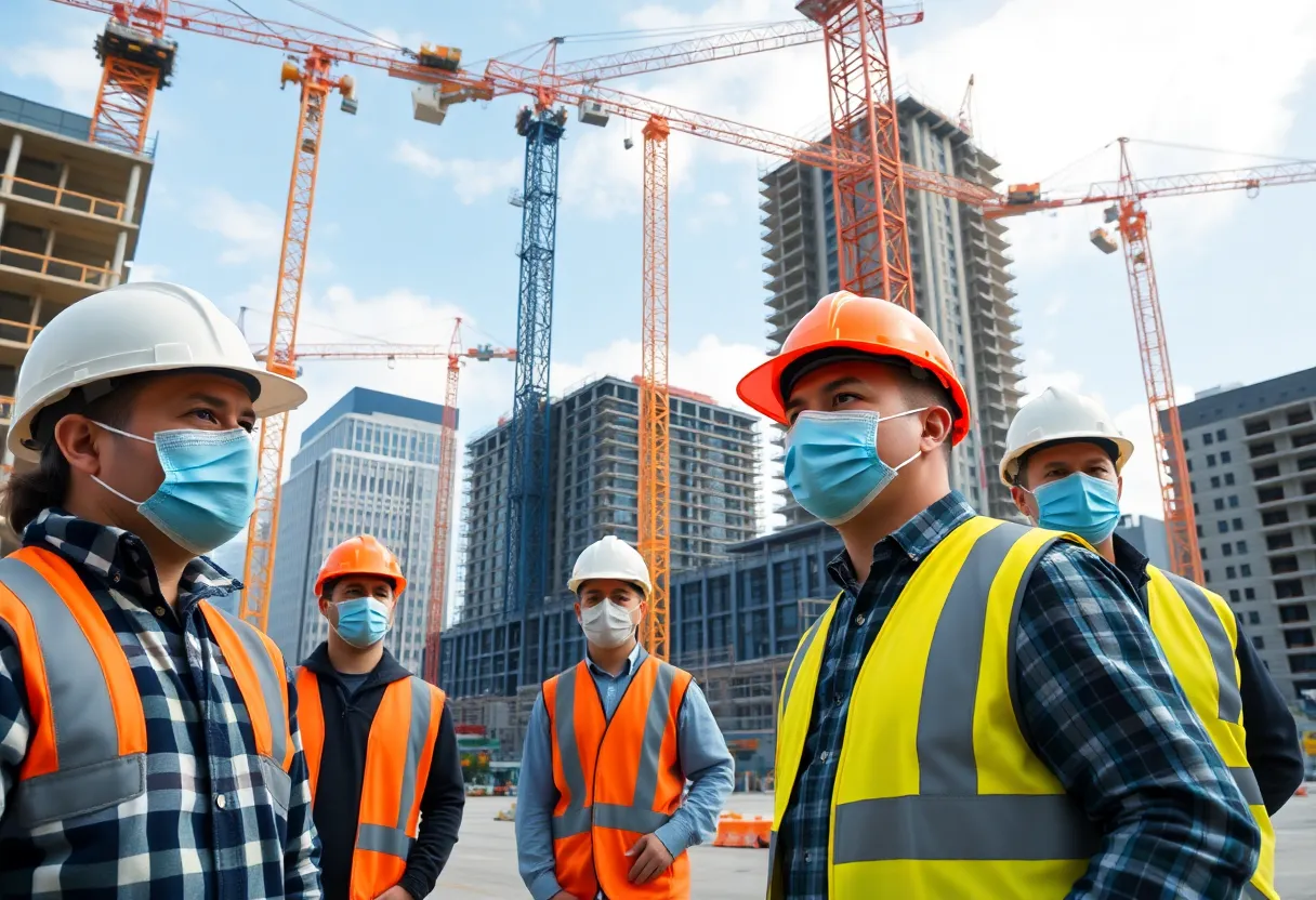 Workers at a Detroit construction site wearing safety gear