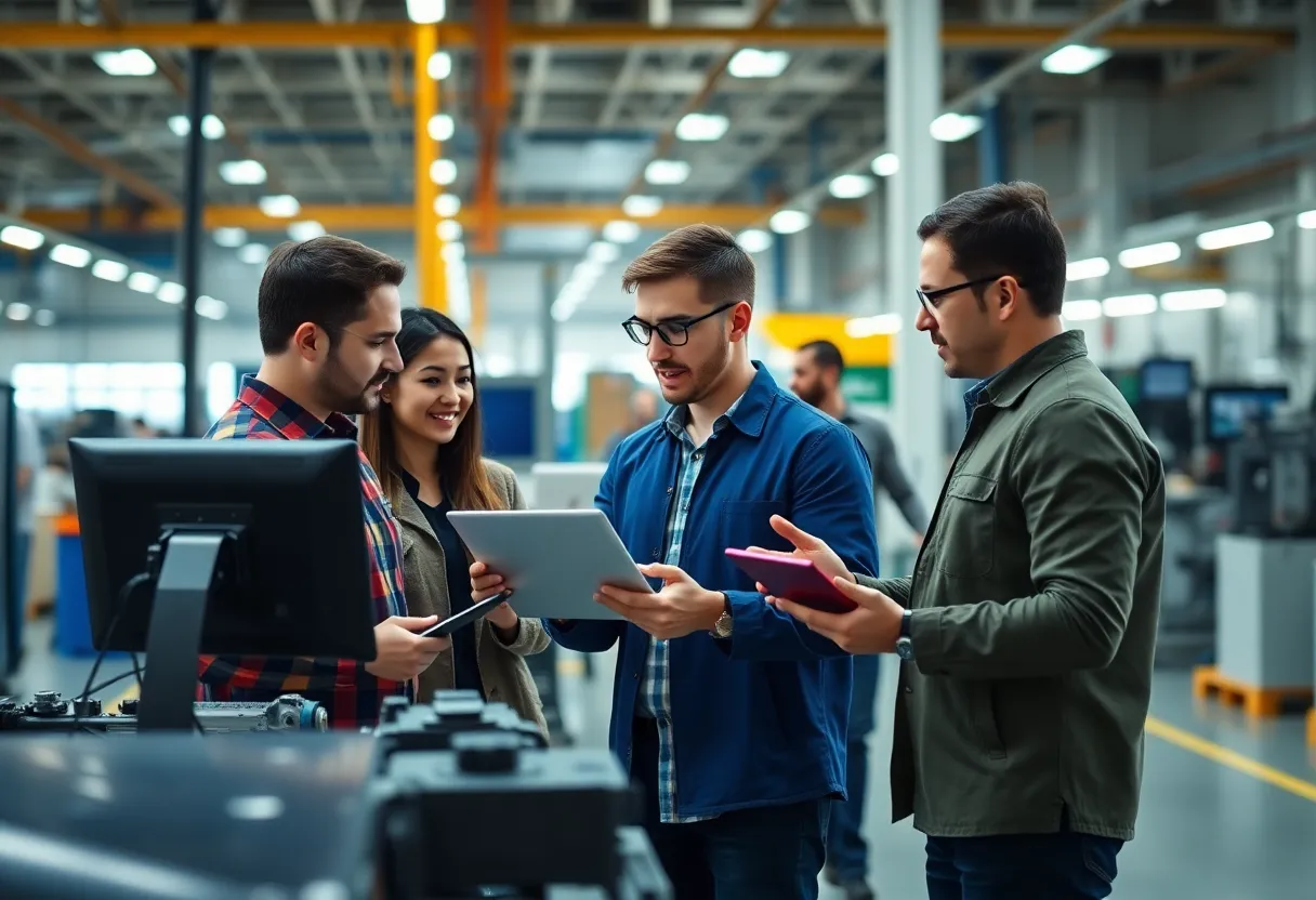 Manufacturing professionals utilizing digital marketing strategies in a factory setting.