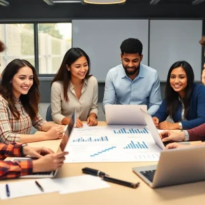 Young professionals discussing Facebook marketing strategies