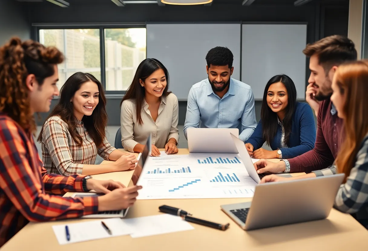 Young professionals discussing Facebook marketing strategies