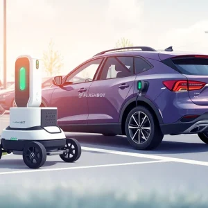 An autonomous robot charging an electric vehicle in Novi, Michigan.