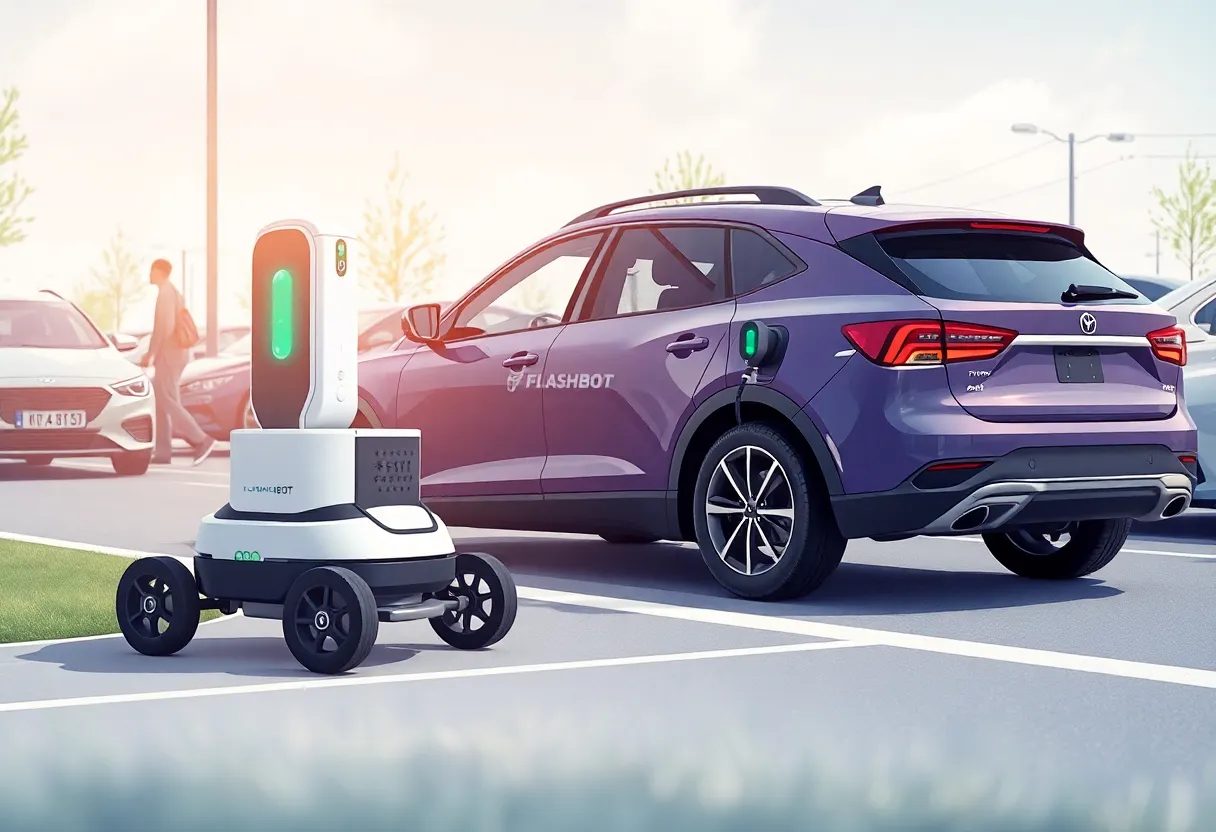 An autonomous robot charging an electric vehicle in Novi, Michigan.