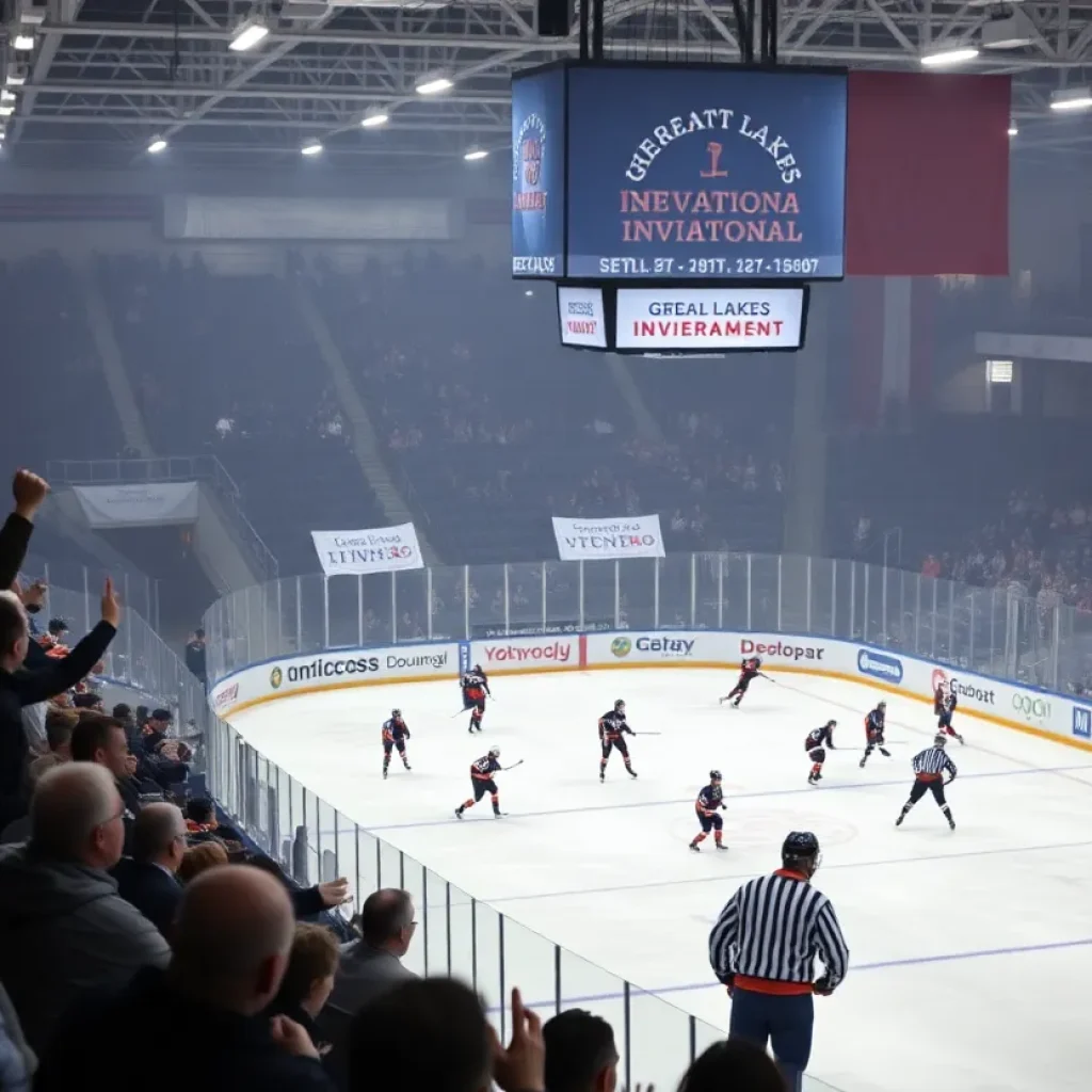 Teams competing in the Great Lakes Invitational hockey tournament at Van Andel Arena.